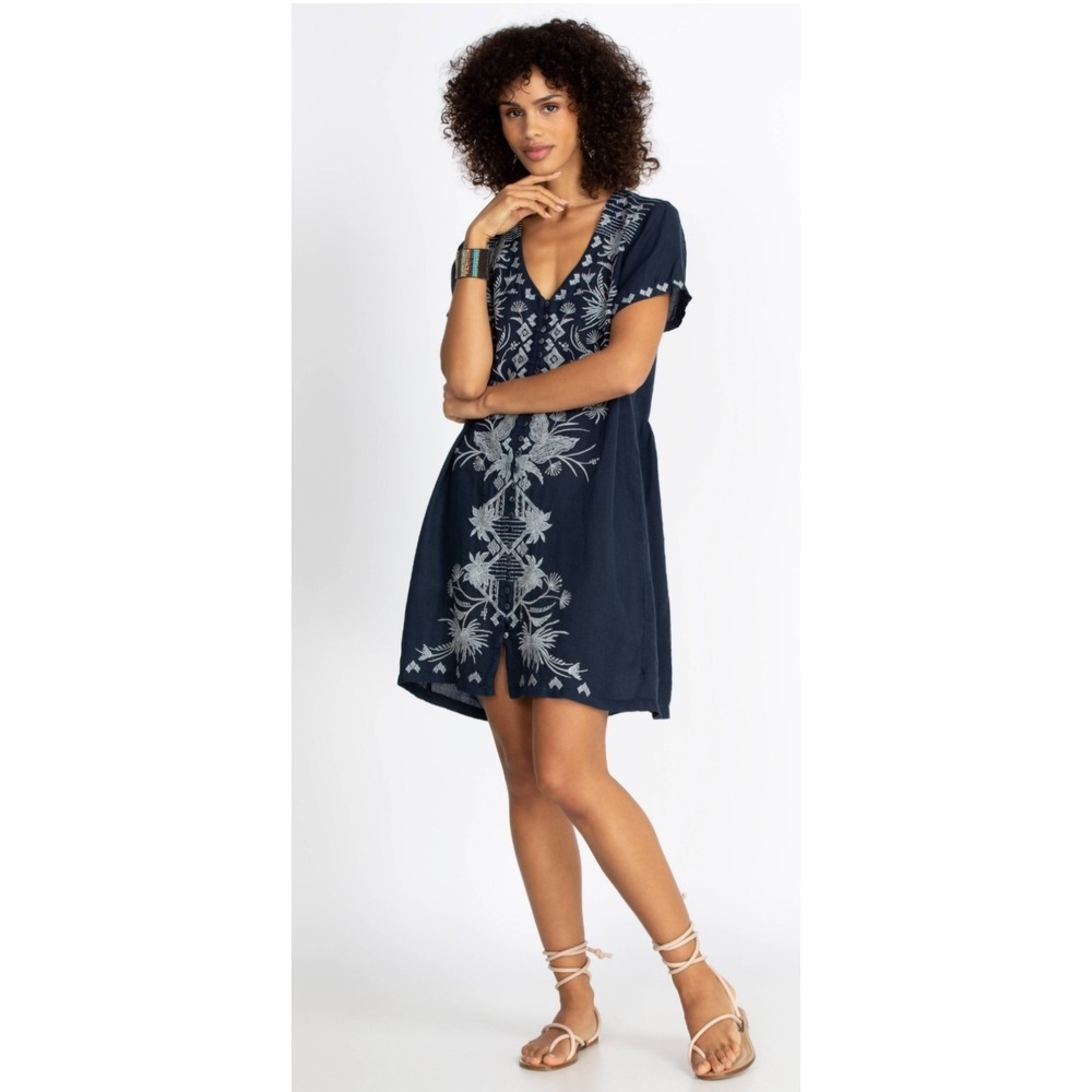 NWOT Johnny Was Navy Blue 100% Linen Devere Breezy Dress Embroidered Sz S Boho